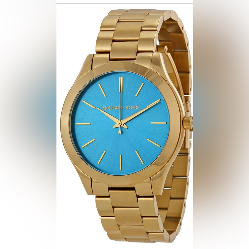 Michael Kors gold watch with blue face.